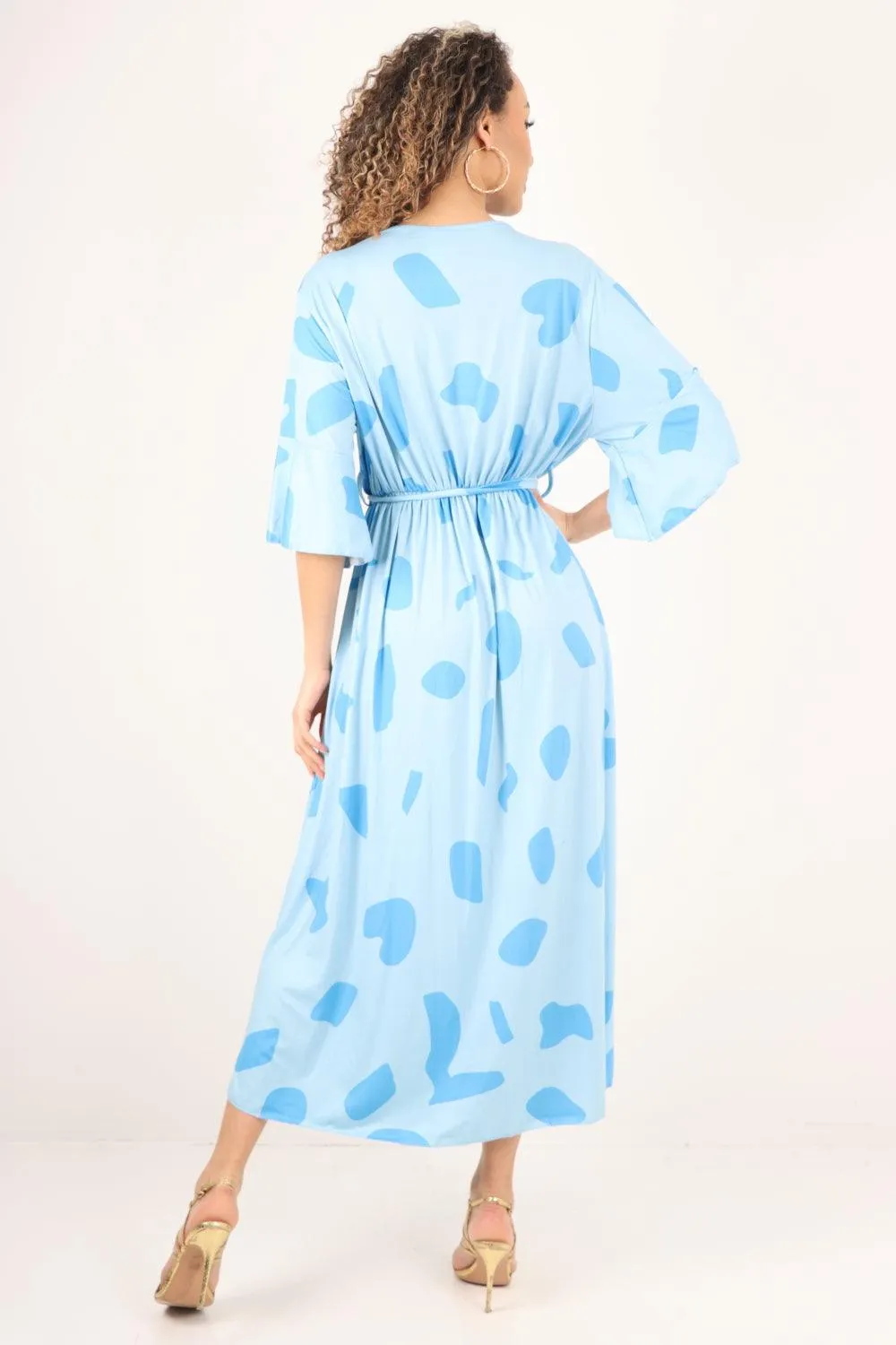 Elasticated Waist Tie Printed Polka Dot Wrap Over Maxi Dress