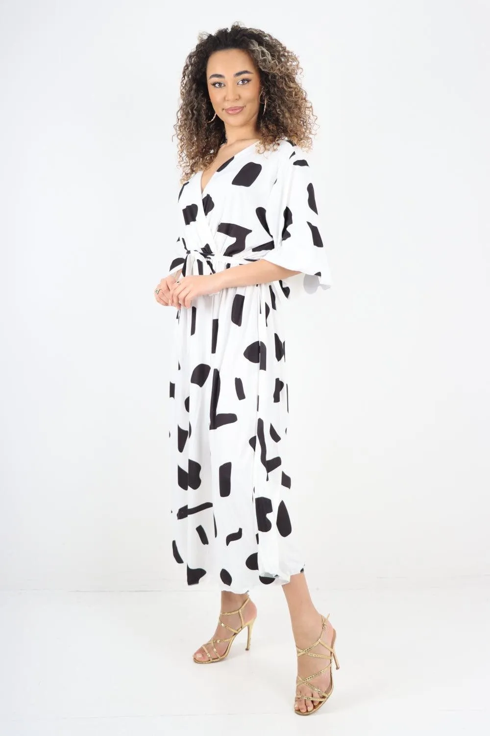 Elasticated Waist Tie Printed Polka Dot Wrap Over Maxi Dress