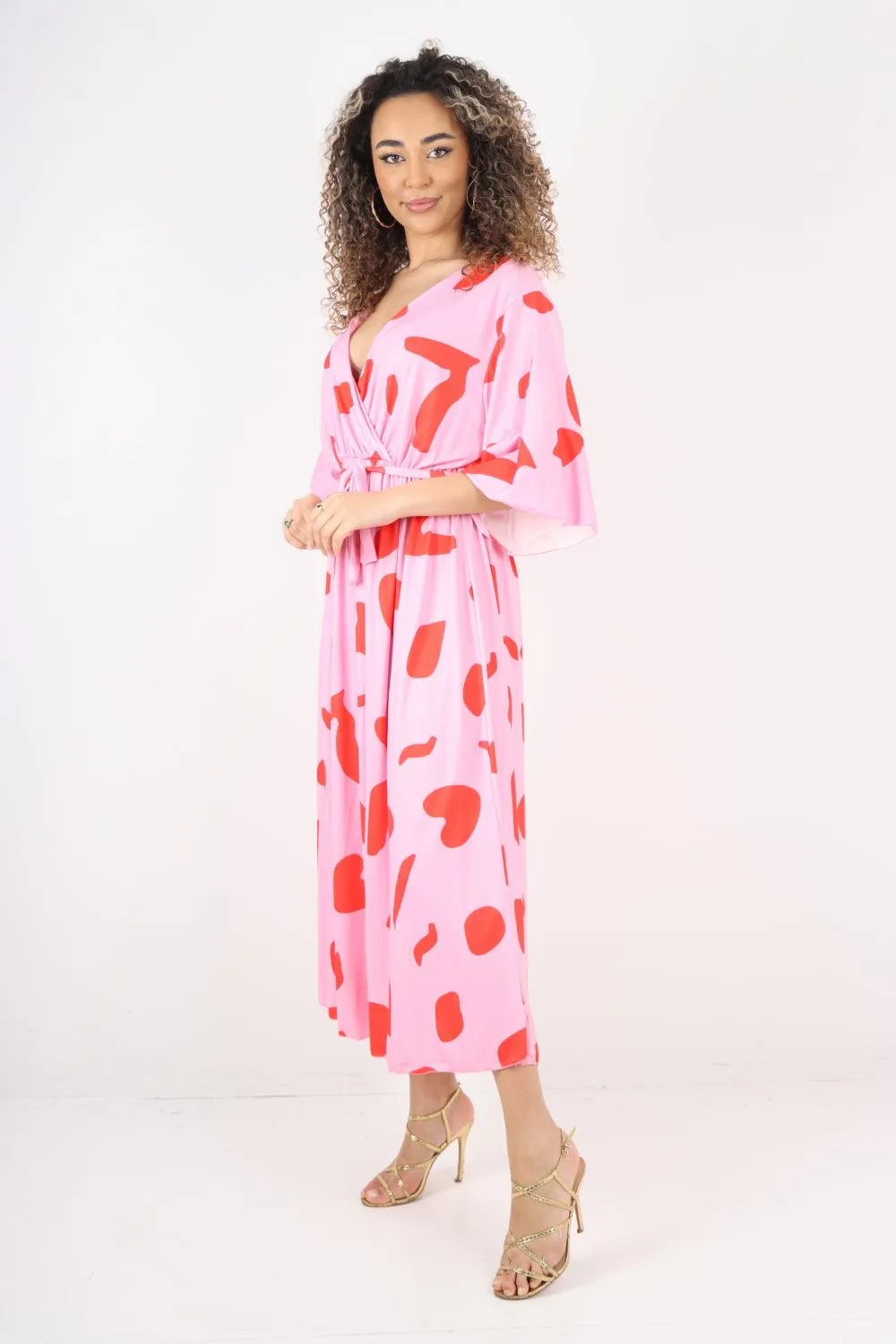 Elasticated Waist Tie Printed Polka Dot Wrap Over Maxi Dress