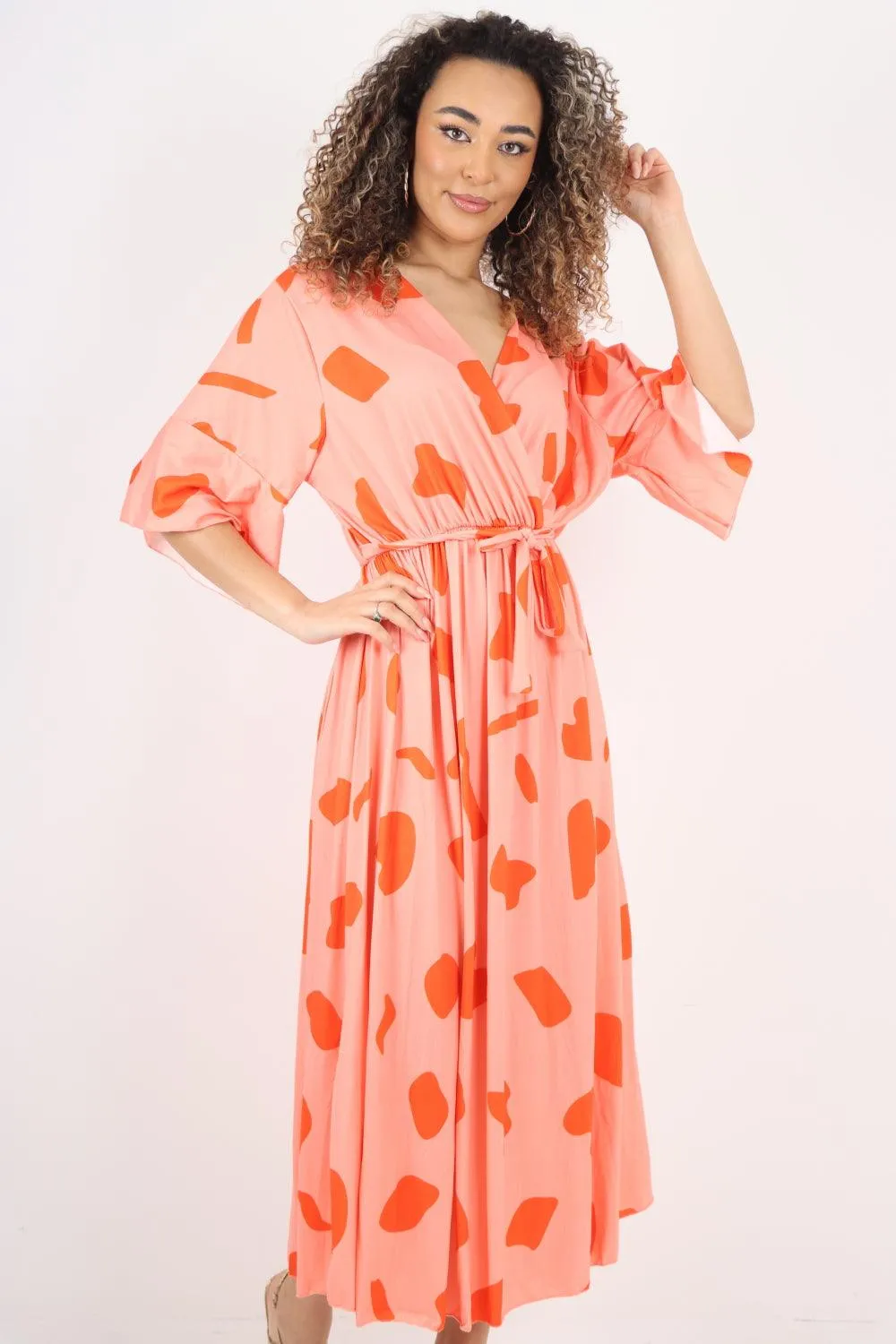 Elasticated Waist Tie Printed Polka Dot Wrap Over Maxi Dress