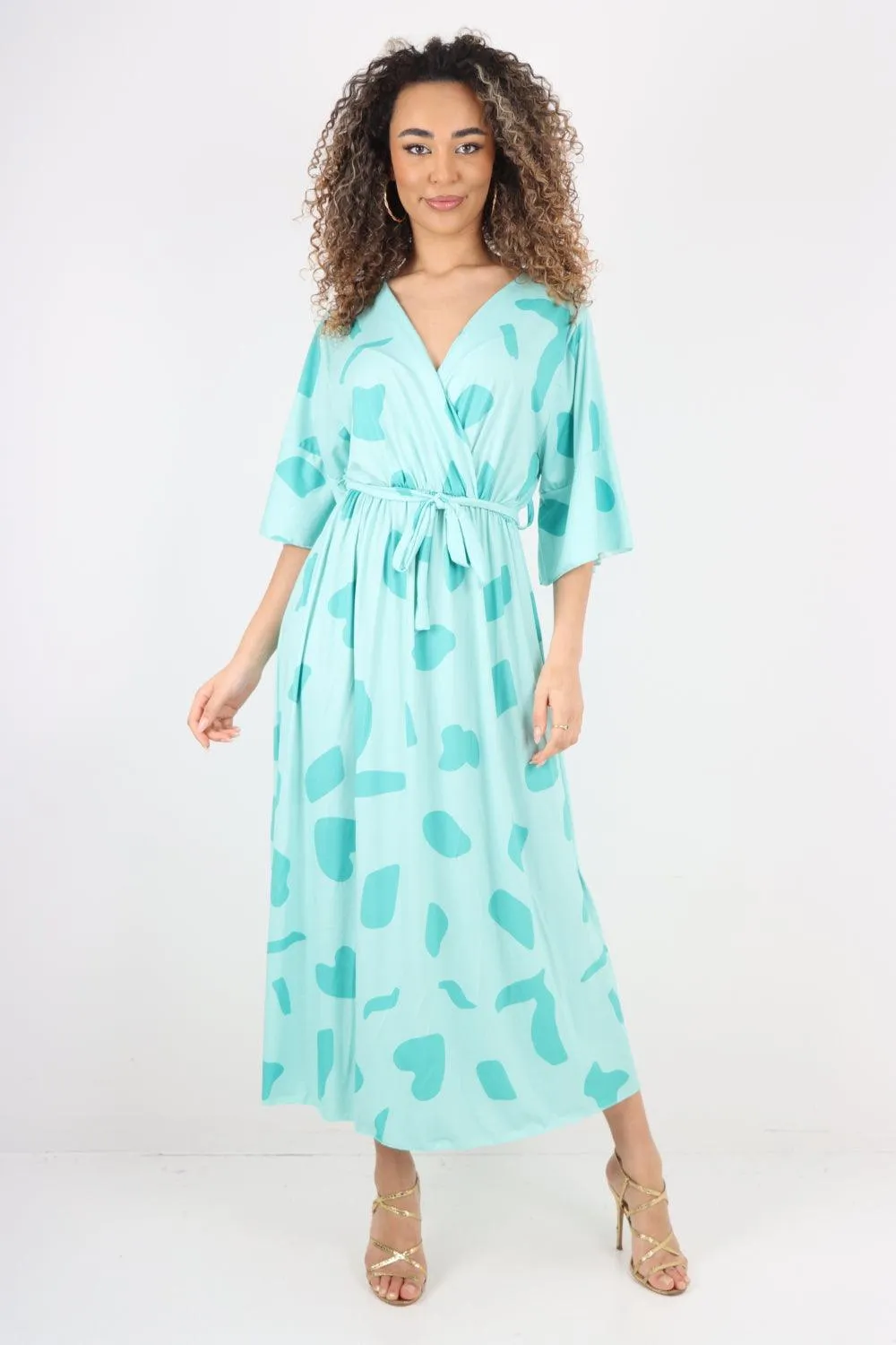 Elasticated Waist Tie Printed Polka Dot Wrap Over Maxi Dress