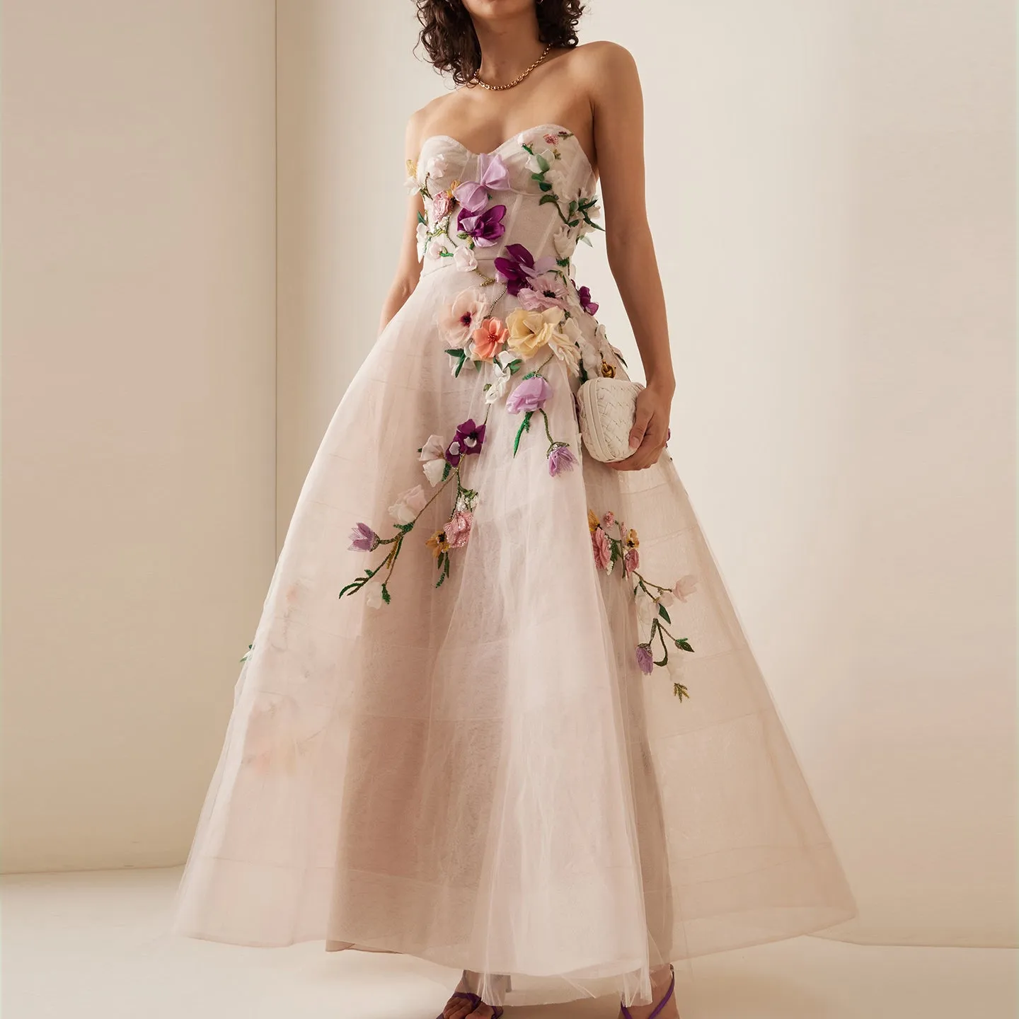 Elegant 3D Flowers Khaki A-line Strapless Evening Dress SS334