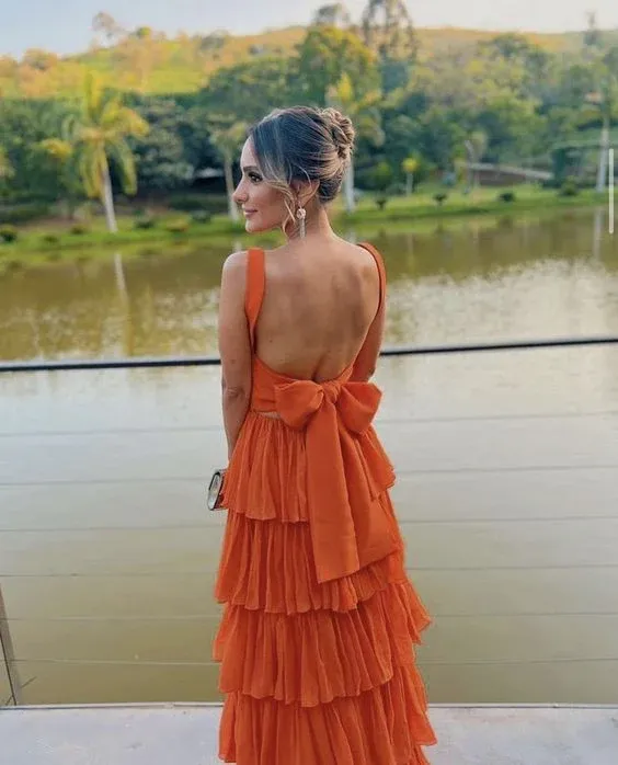 Elegant A Line Orange Layer Long Prom Dress Formal Party Dress J3507