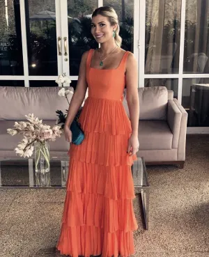 Elegant A Line Orange Layer Long Prom Dress Formal Party Dress J3507