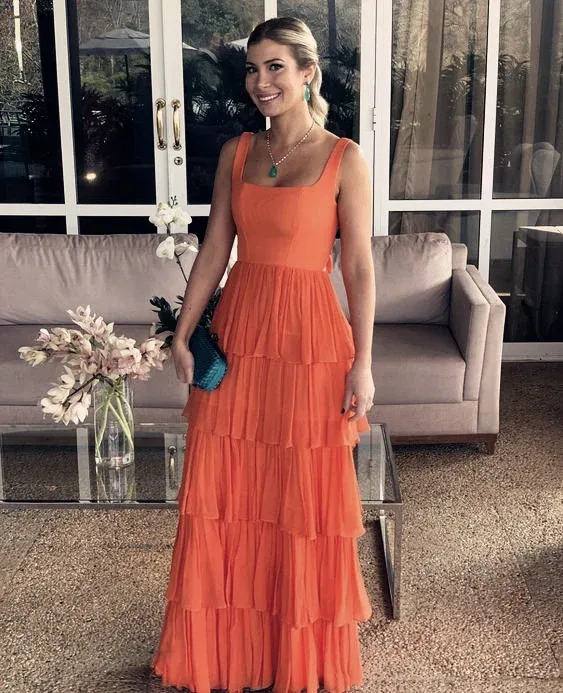 Elegant A Line Orange Layer Long Prom Dress Formal Party Dress J3507