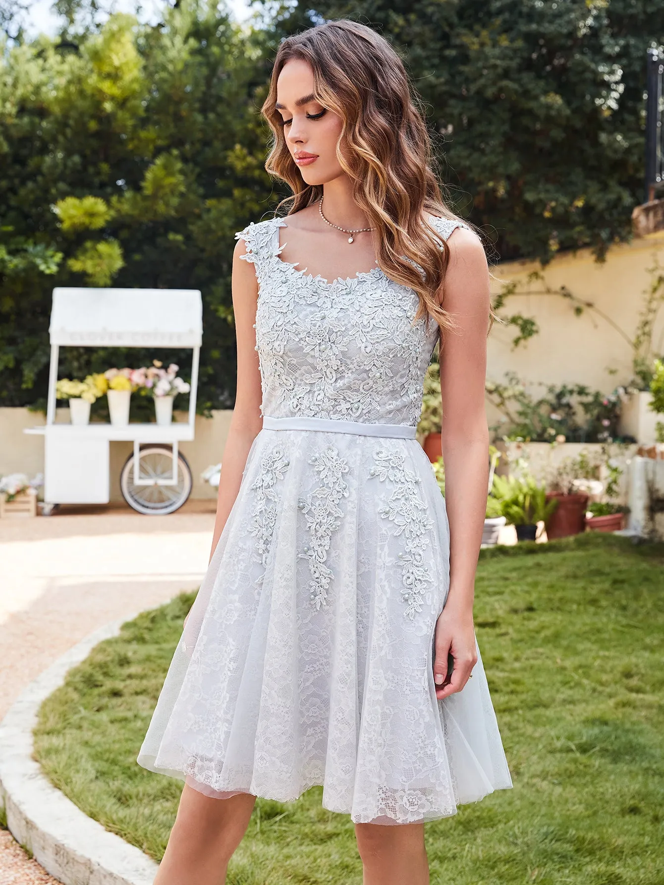 Elegant A-Line Scoop Sleeveless Lace Prom Dresses