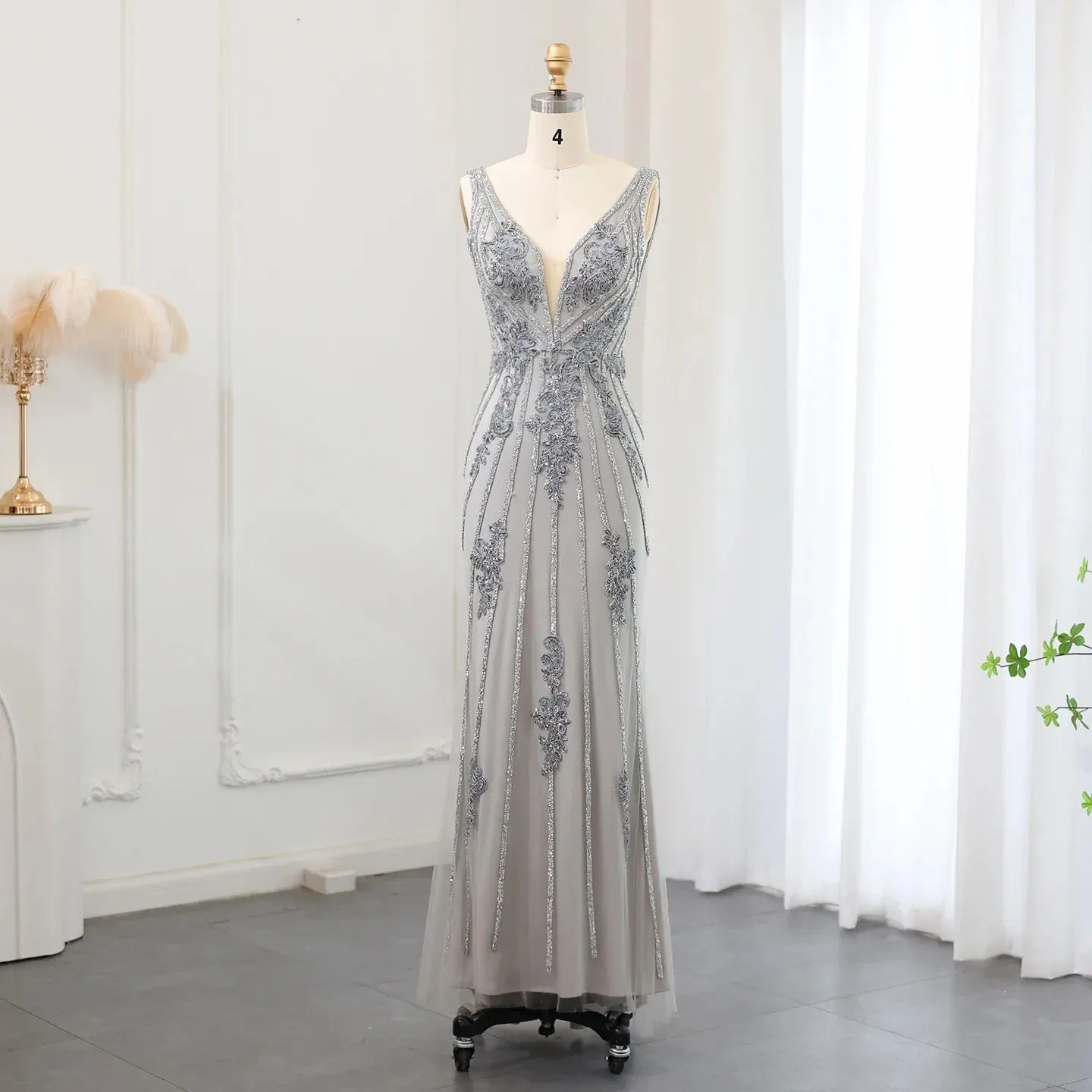 Elegant Gray V-Neck Mermaid Evening Dress SS188