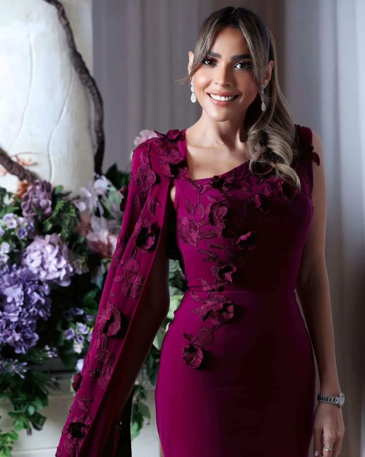 Elegant Purple 3D Flowers Evening Dress with Cape Sleeve SF105