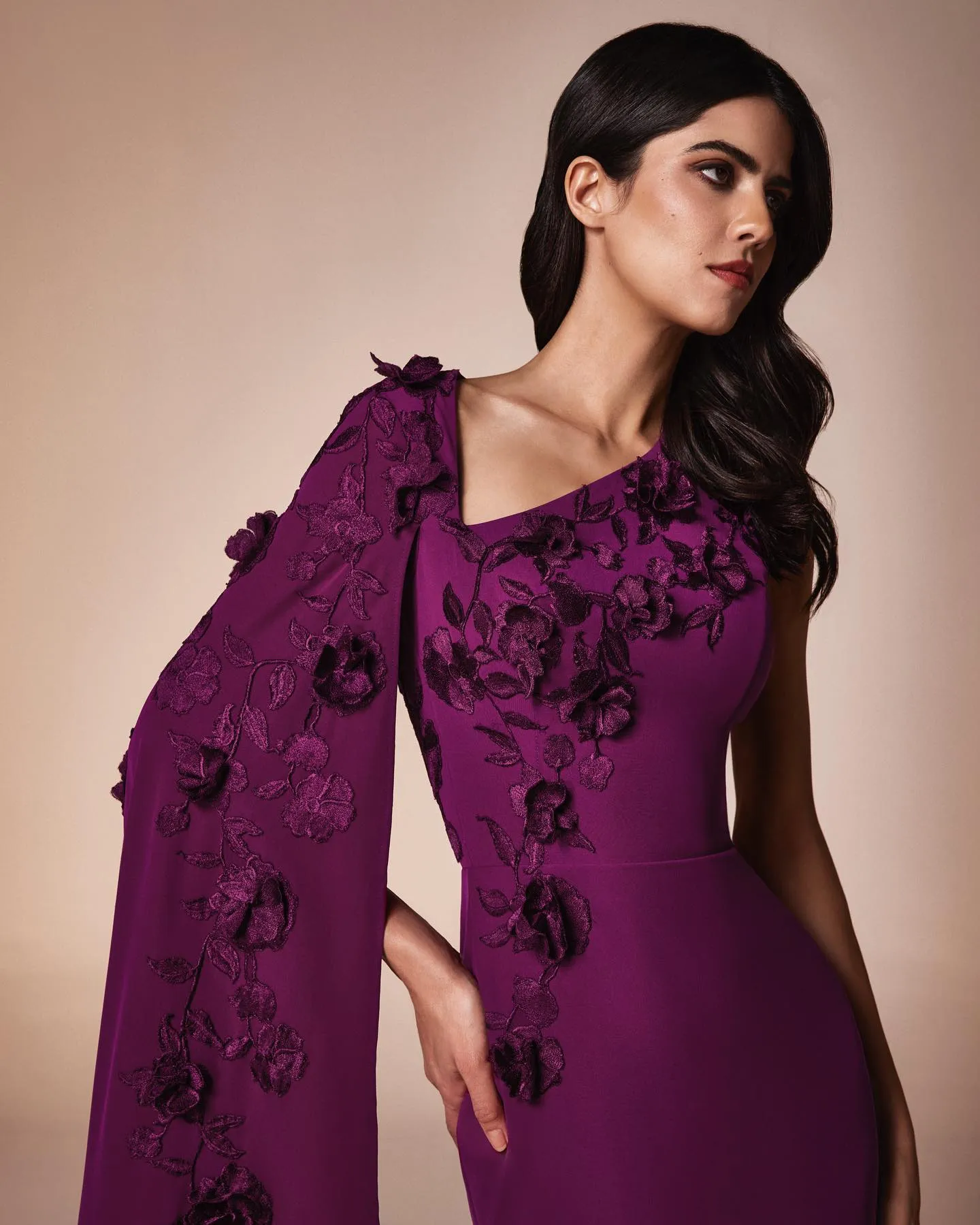 Elegant Purple 3D Flowers Evening Dress with Cape Sleeve SF105