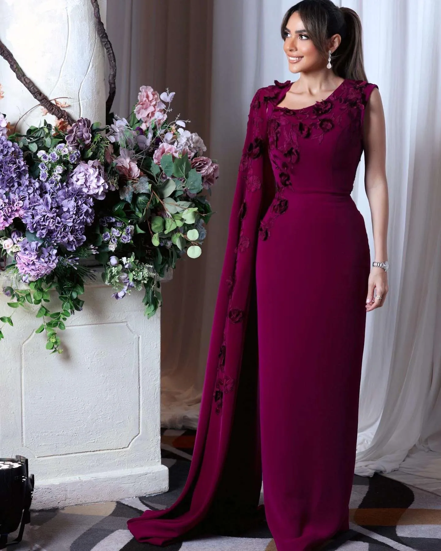 Elegant Purple 3D Flowers Evening Dress with Cape Sleeve SF105