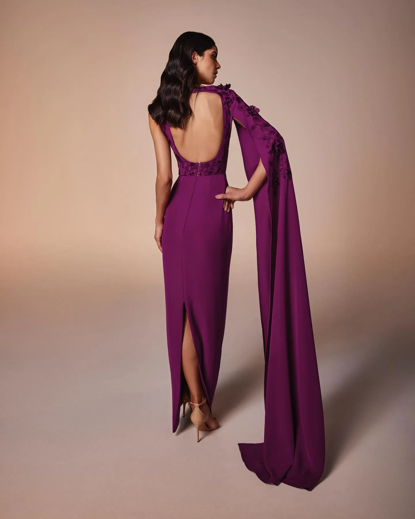 Elegant Purple 3D Flowers Evening Dress with Cape Sleeve SF105