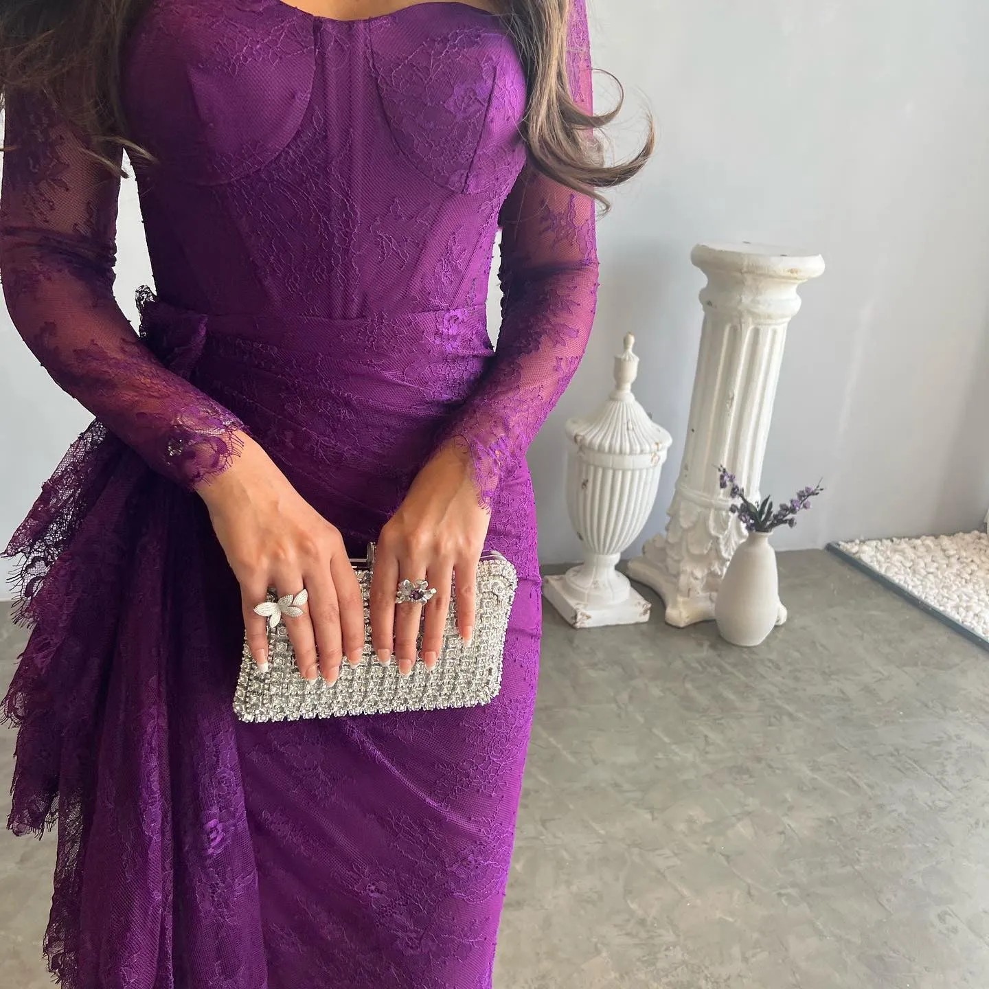 Elegant Purple Lace Long Sleeve Evening Dress SF075