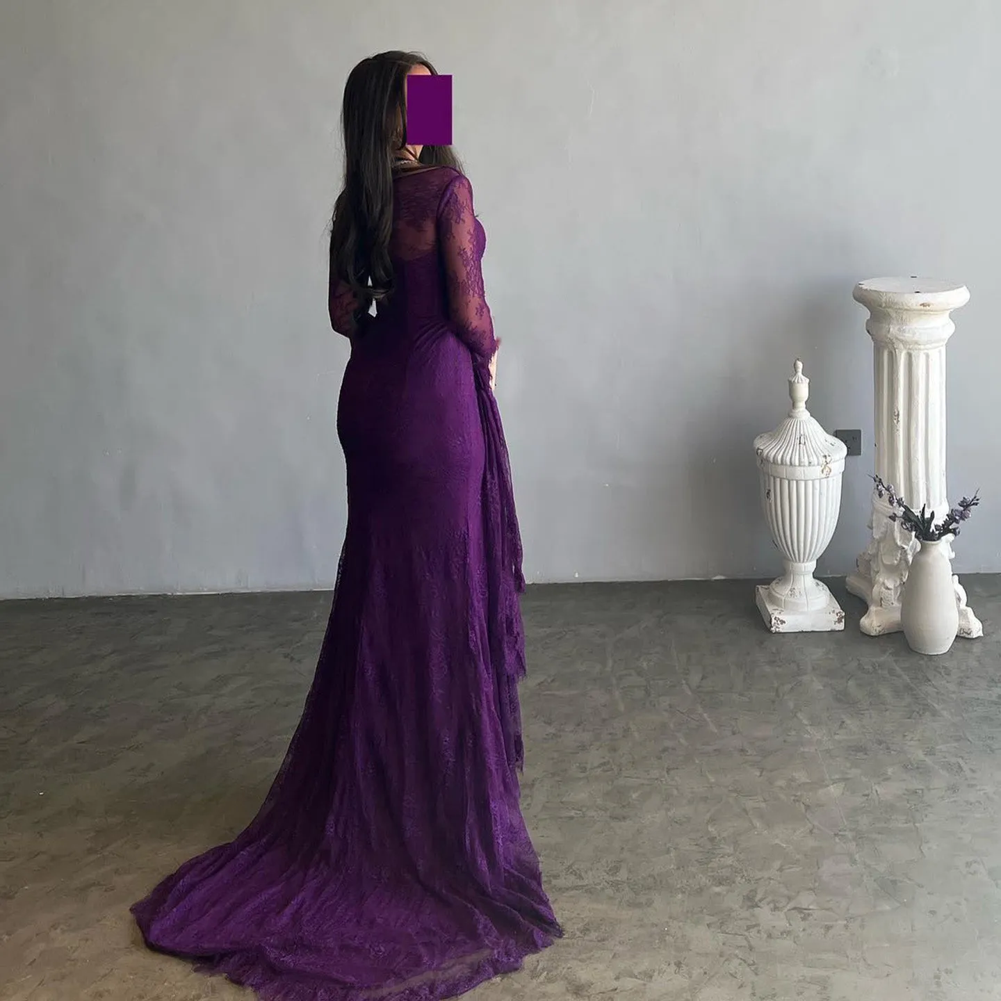 Elegant Purple Lace Long Sleeve Evening Dress SF075