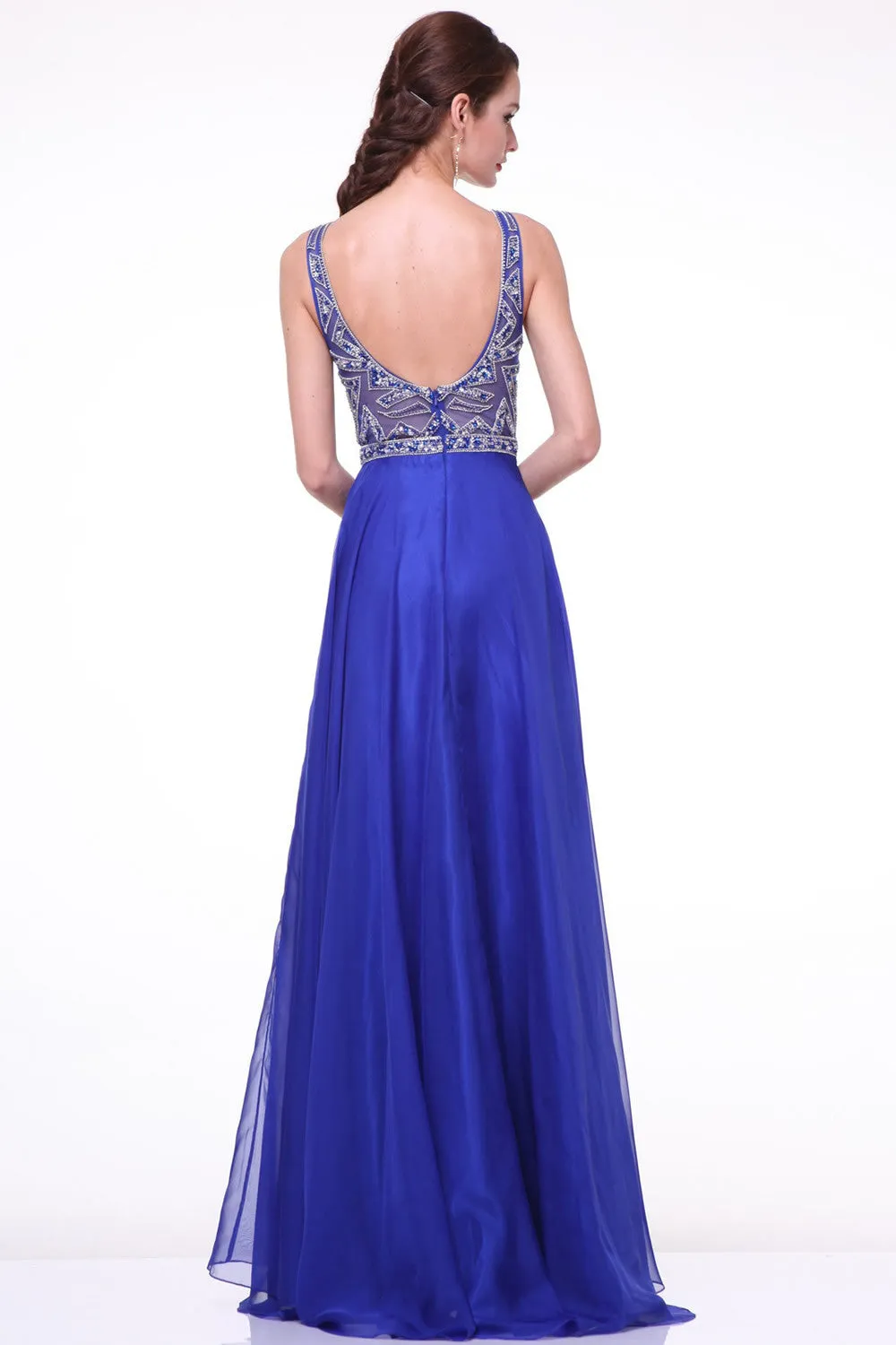 Elegant Royal Blue Long Beaded Cap Sleeves Backless Prom Dress ED0722