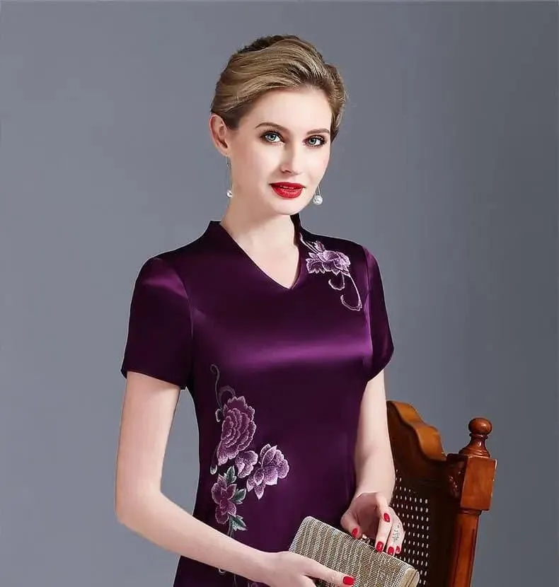 Elegant Silk Cheongsam Summer Dress - Mid-Calf Length - Women's Fashion