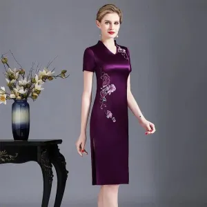 Elegant Silk Cheongsam Summer Dress - Mid-Calf Length - Women's Fashion