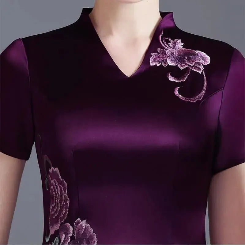 Elegant Silk Cheongsam Summer Dress - Mid-Calf Length - Women's Fashion