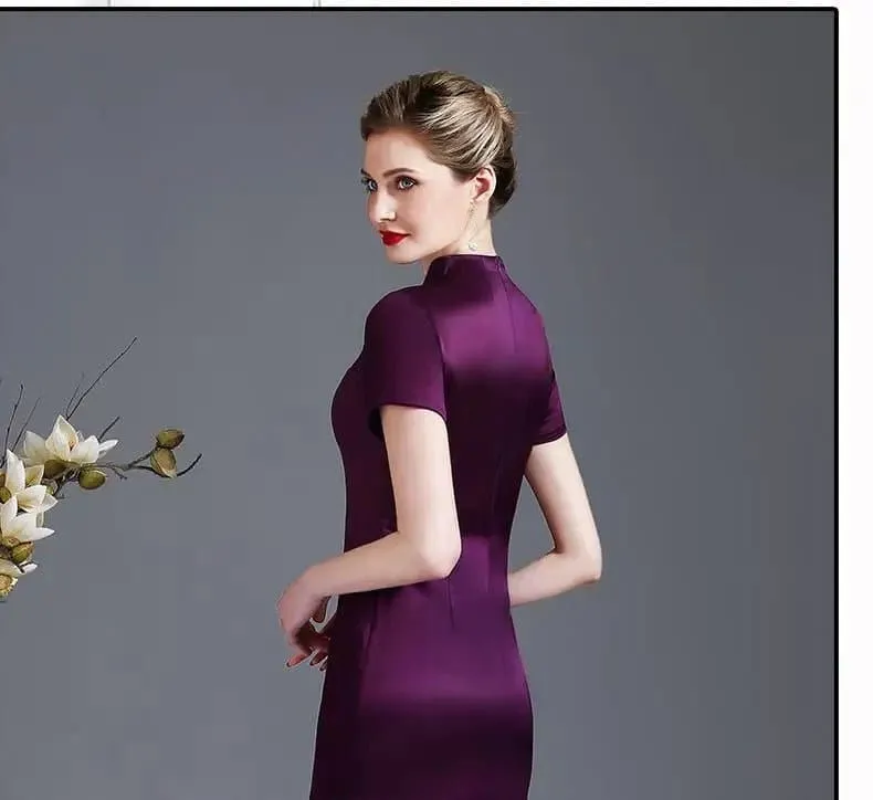 Elegant Silk Cheongsam Summer Dress - Mid-Calf Length - Women's Fashion