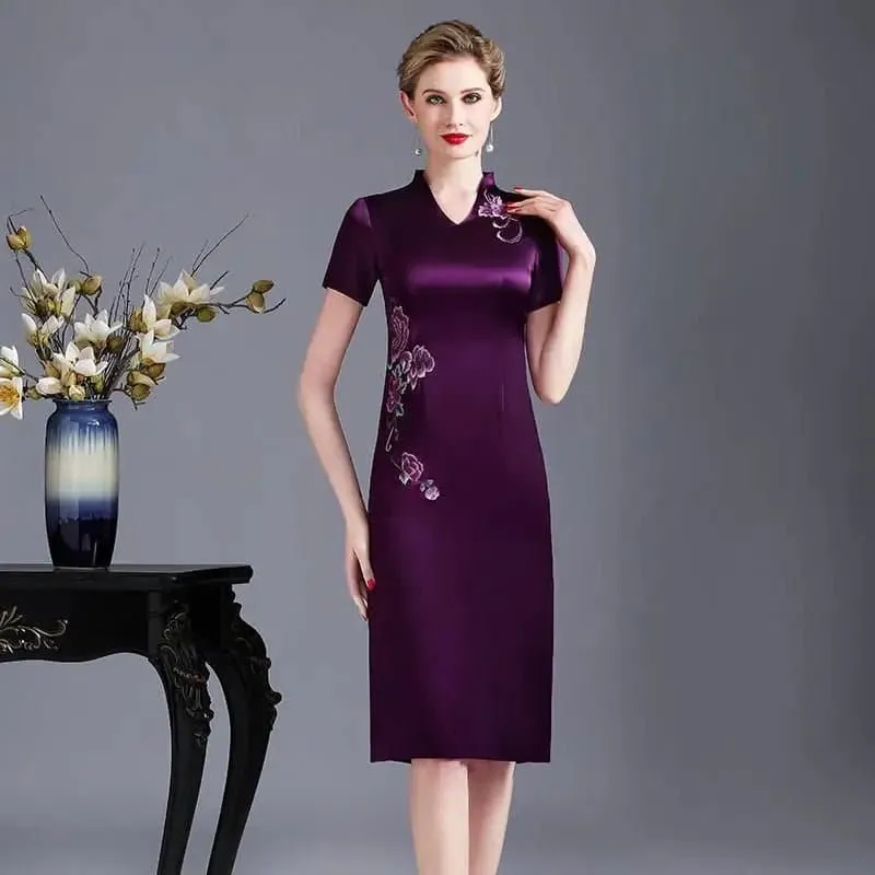 Elegant Silk Cheongsam Summer Dress - Mid-Calf Length - Women's Fashion