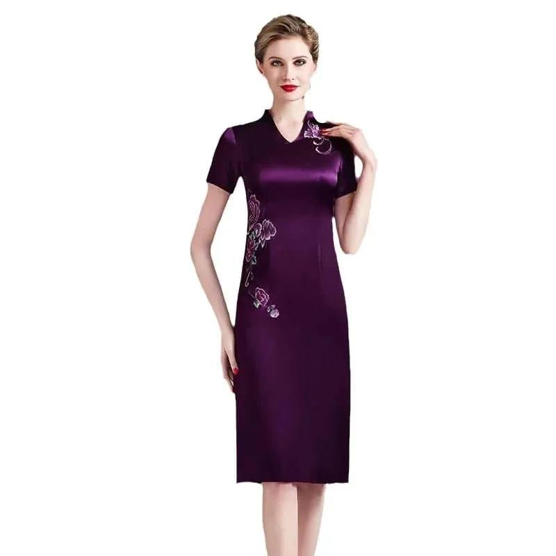 Elegant Silk Cheongsam Summer Dress - Mid-Calf Length - Women's Fashion