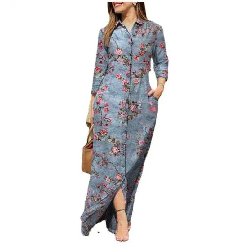 Elegant Women's Autumn/Winter Leisure Positioning Print Retro Pocket Polo Collar Long Sleeve Button Shirt Fashion Long Dresses