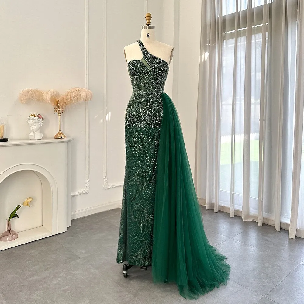 Emerald Green One Shoulder Slit Evening Dress with Overskirt SS102