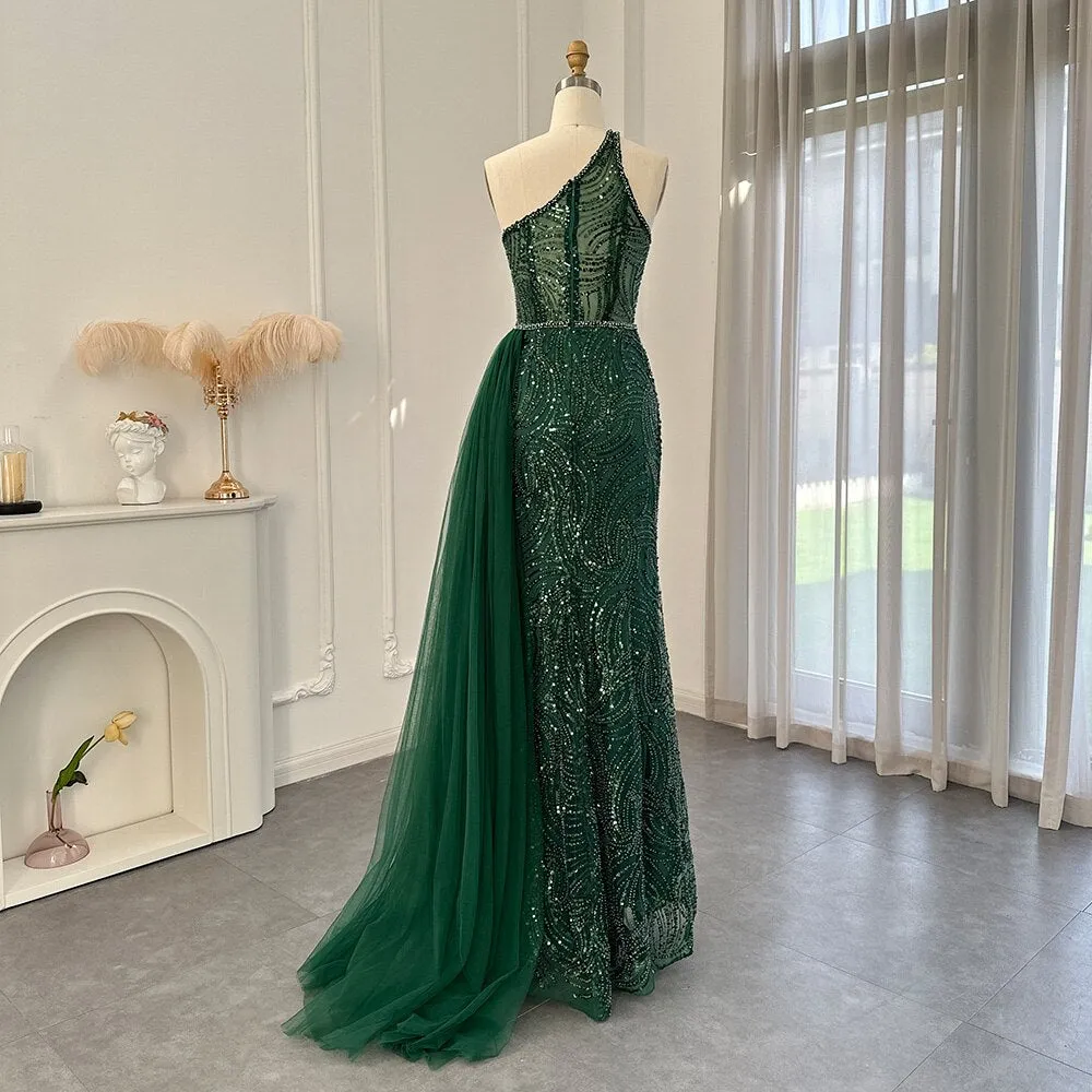 Emerald Green One Shoulder Slit Evening Dress with Overskirt SS102