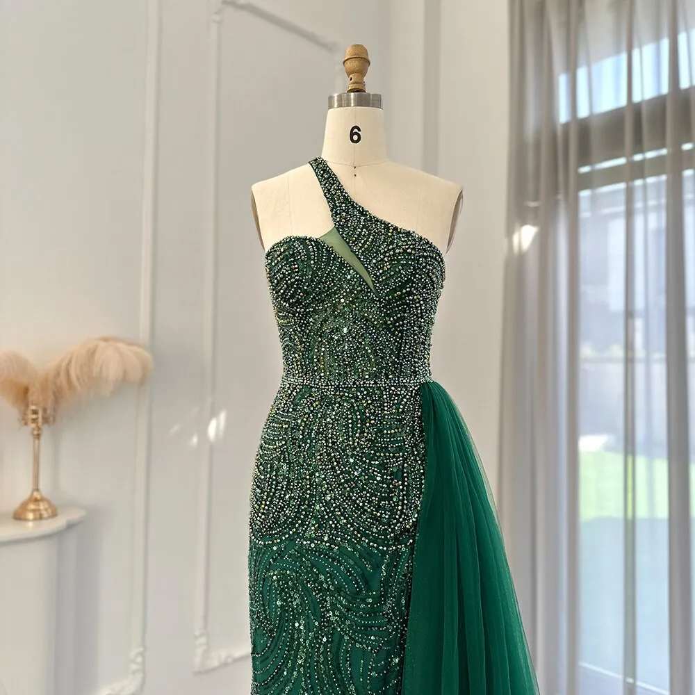 Emerald Green One Shoulder Slit Evening Dress with Overskirt SS102