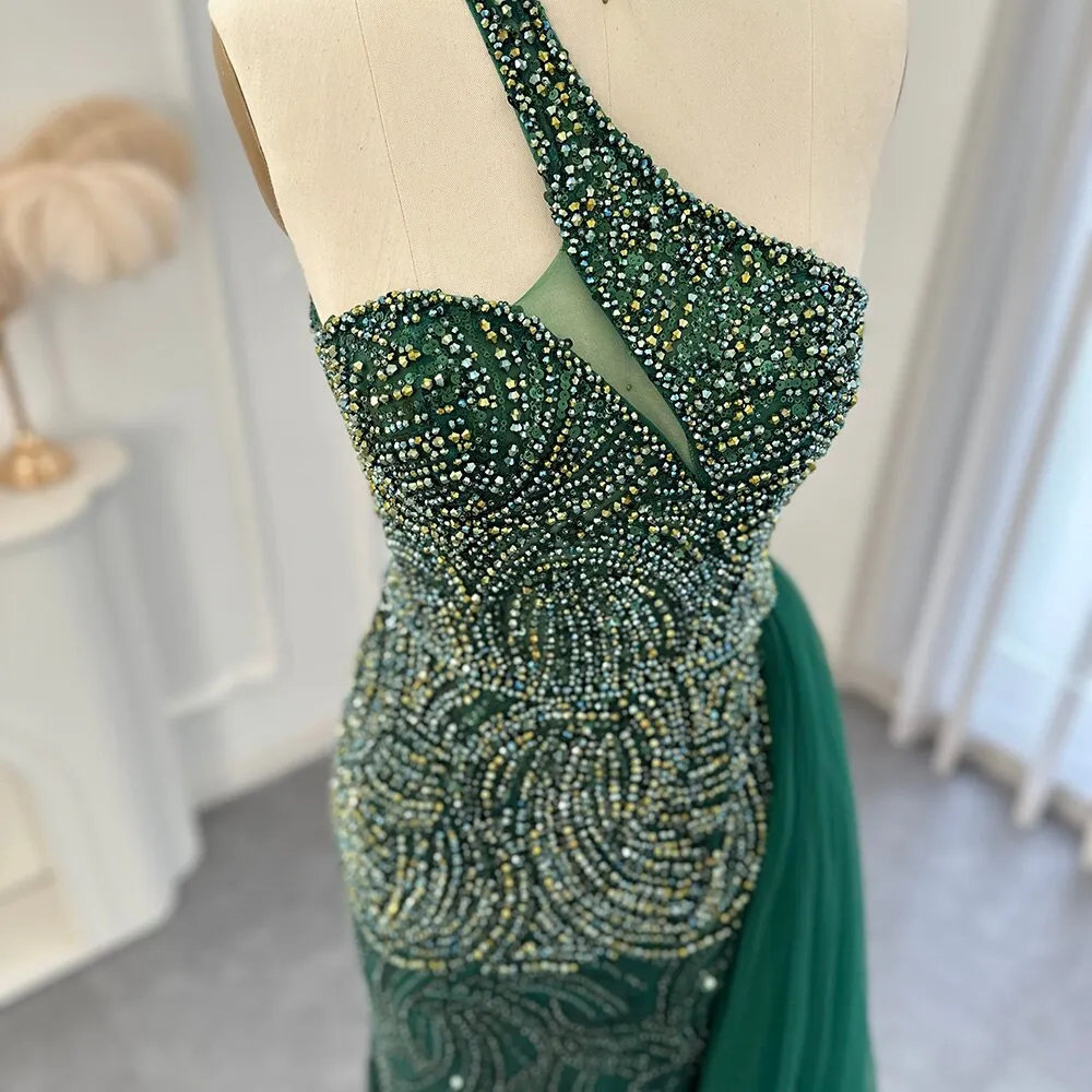 Emerald Green One Shoulder Slit Evening Dress with Overskirt SS102