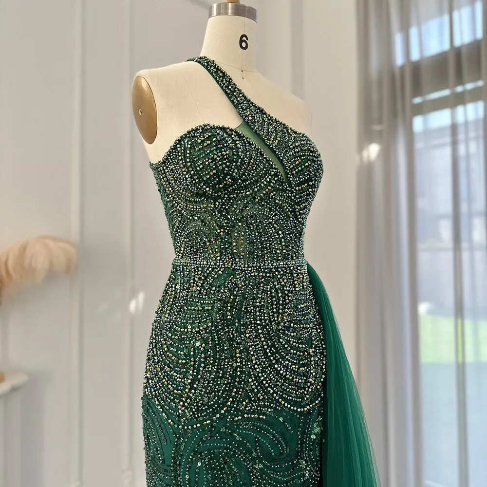 Emerald Green One Shoulder Slit Evening Dress with Overskirt SS102