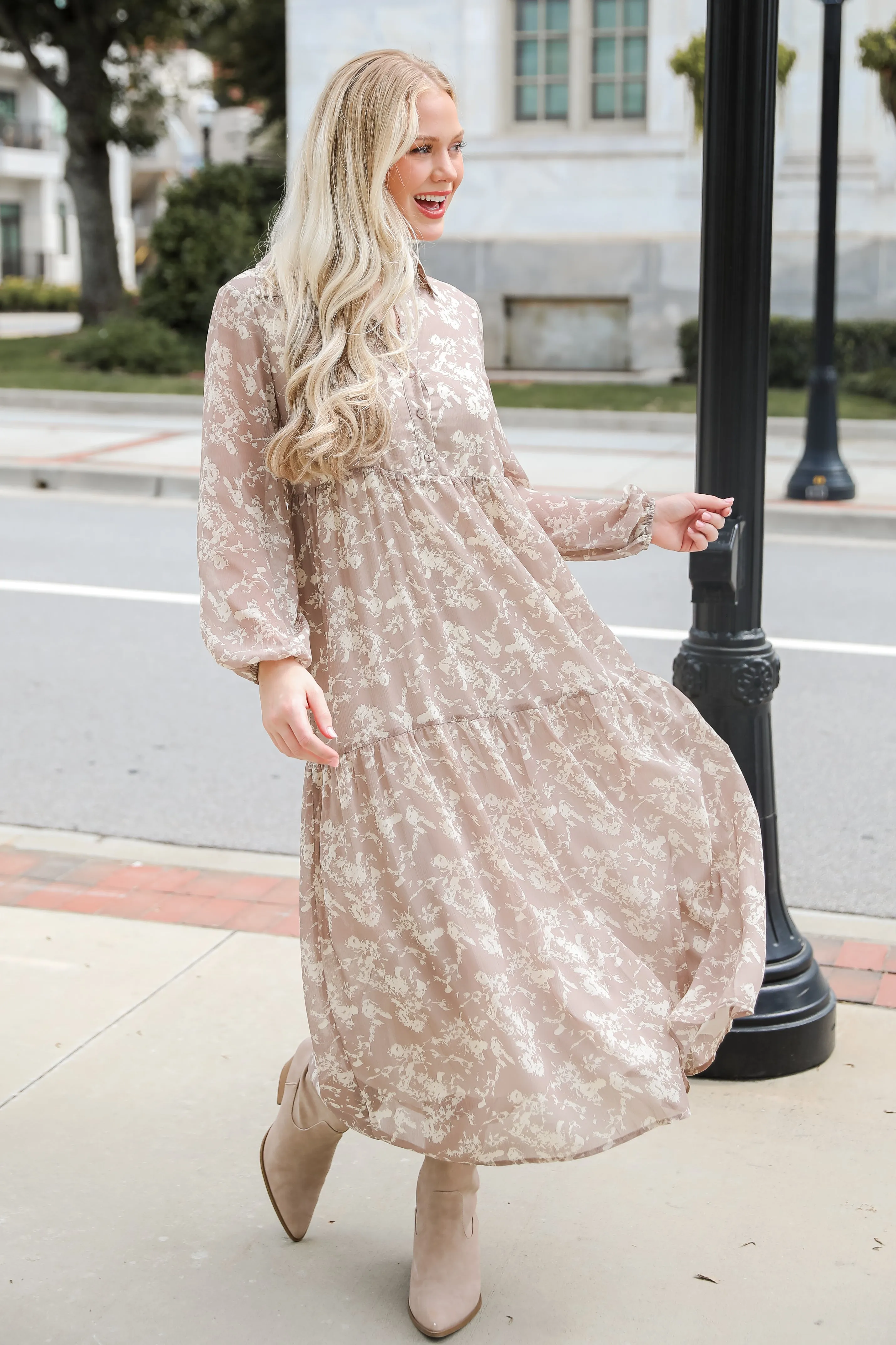 FINAL SALE - Impactful Elegance Taupe Floral Maxi Dress