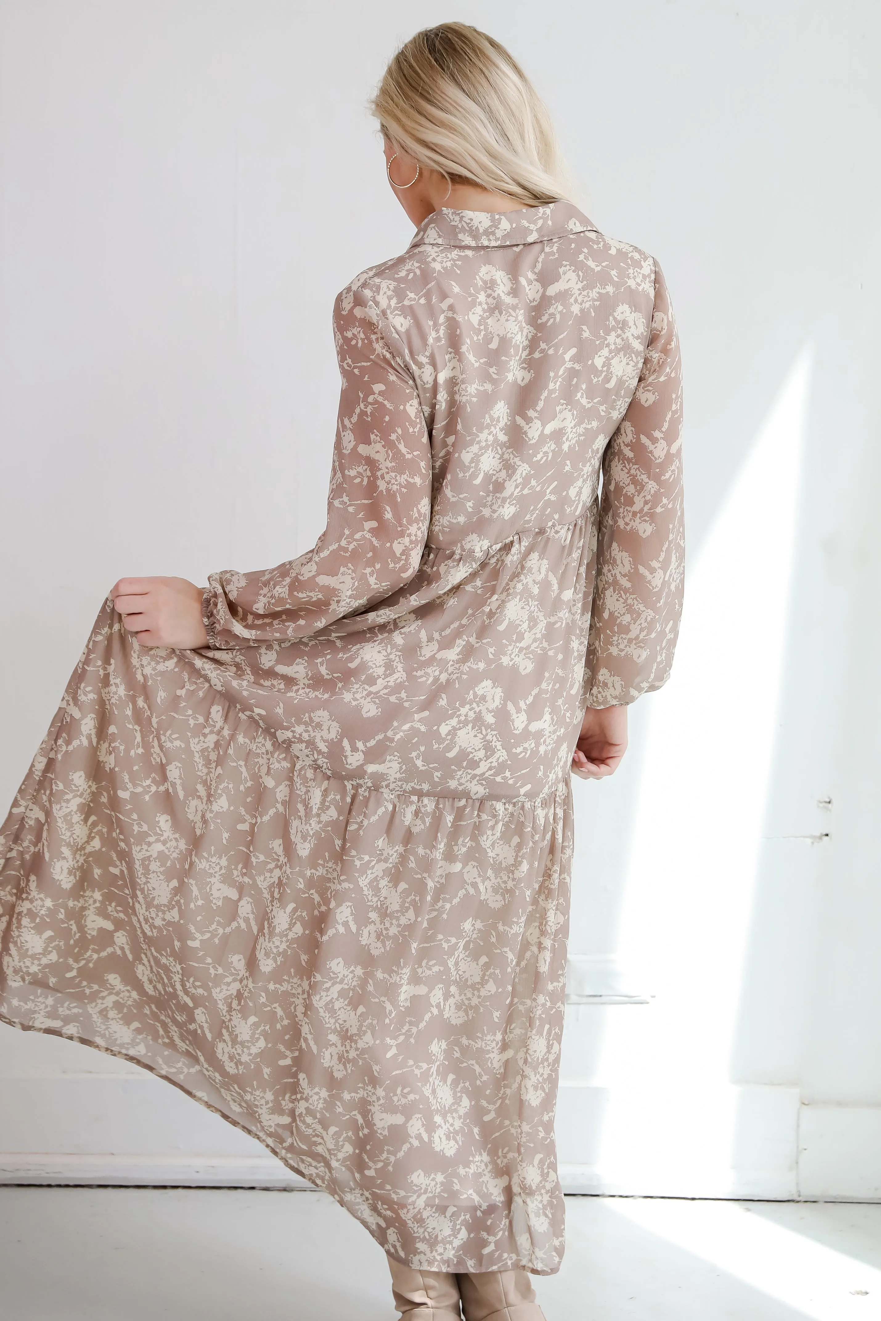 FINAL SALE - Impactful Elegance Taupe Floral Maxi Dress