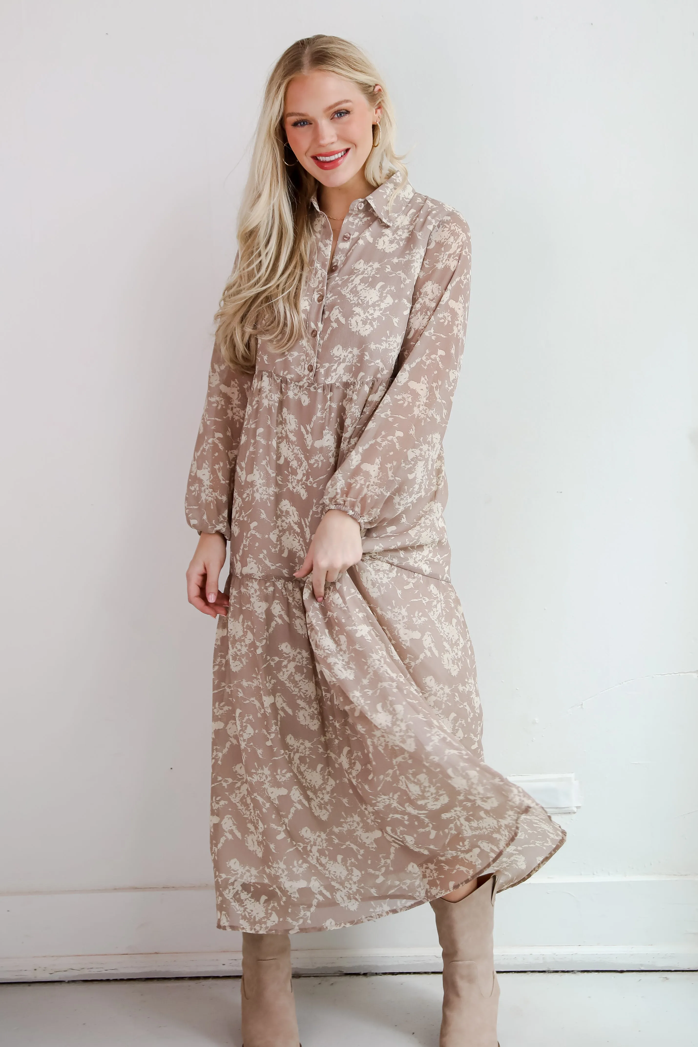 FINAL SALE - Impactful Elegance Taupe Floral Maxi Dress