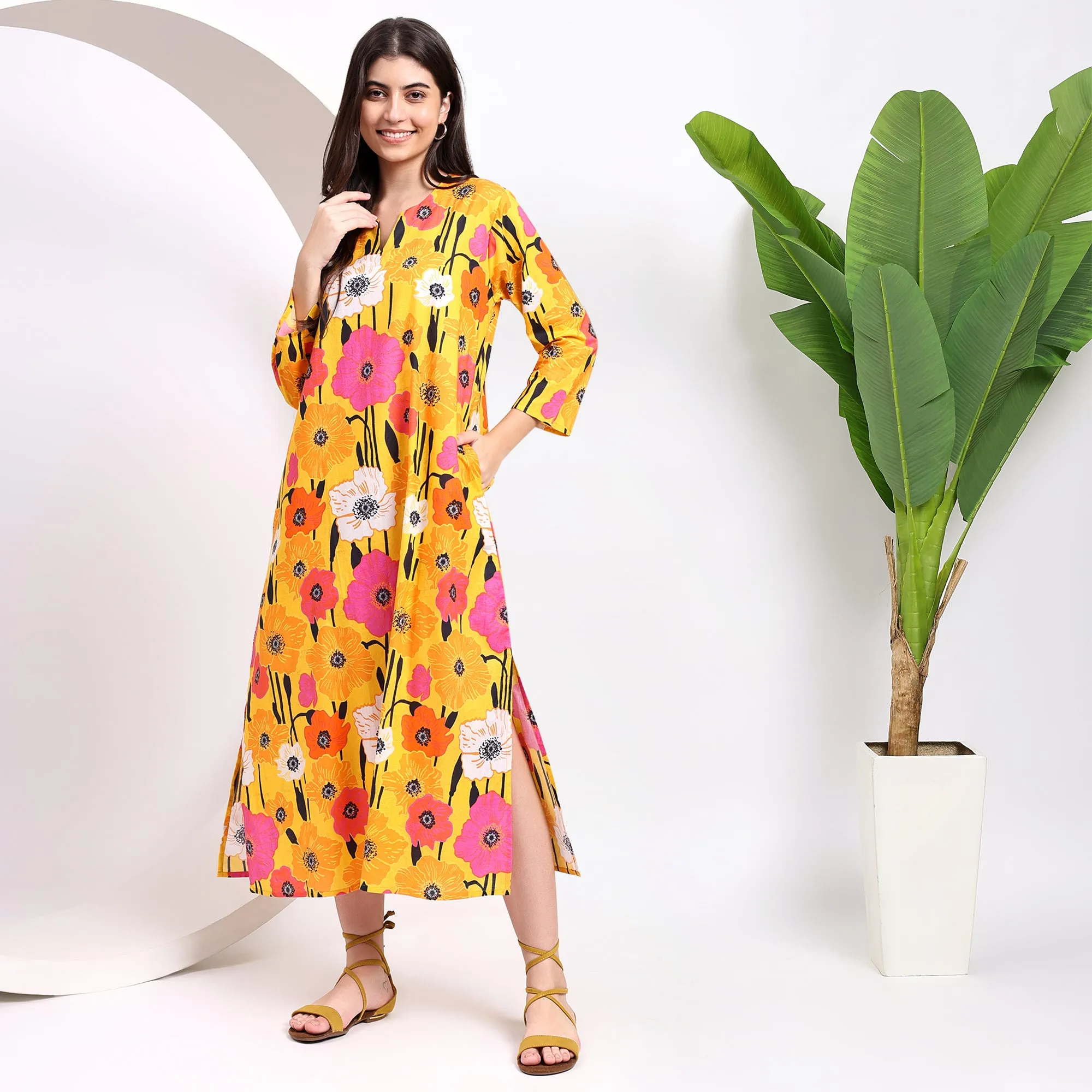 Floral Chic Midi Shirt Dress With a Flattering Split Neckline