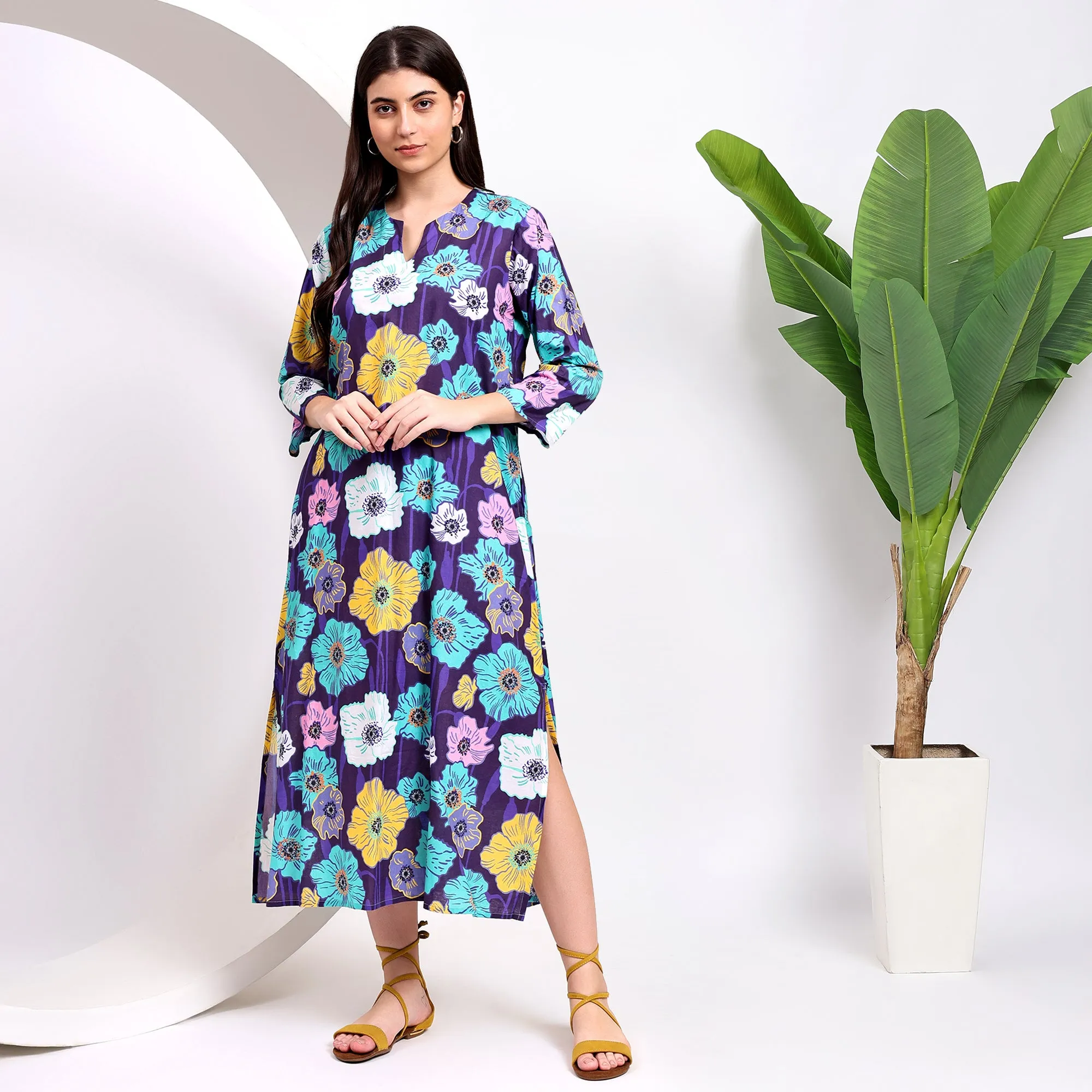 Floral Chic Midi Shirt Dress With a Flattering Split Neckline