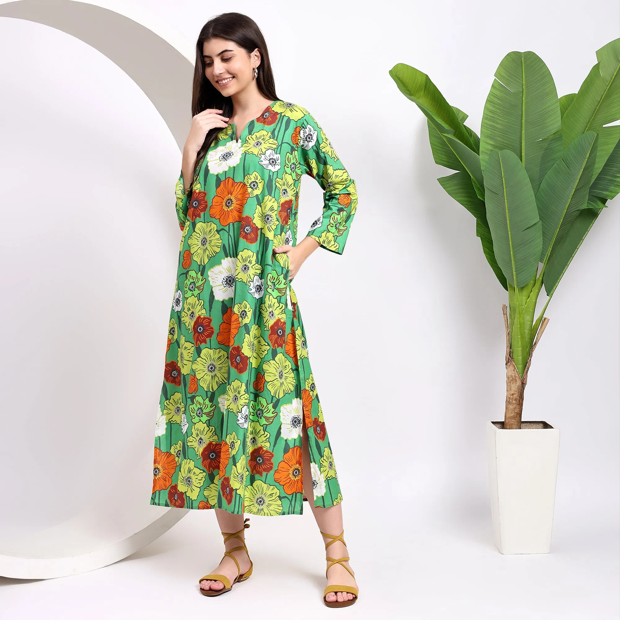 Floral Chic Midi Shirt Dress With a Flattering Split Neckline