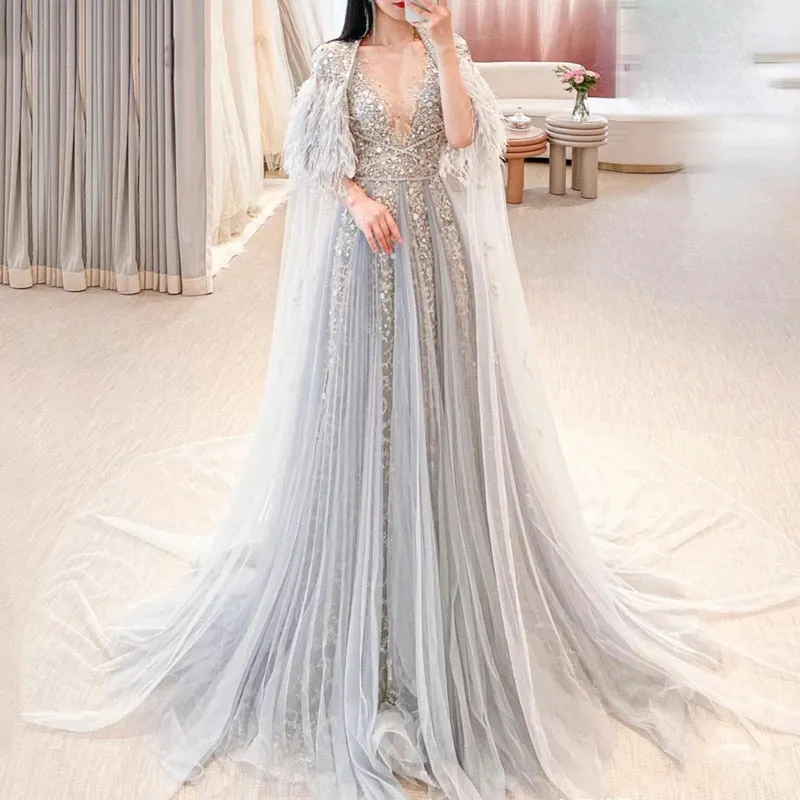 For Sale Silver Evening Dresses with Feather Cape Shawl SS147