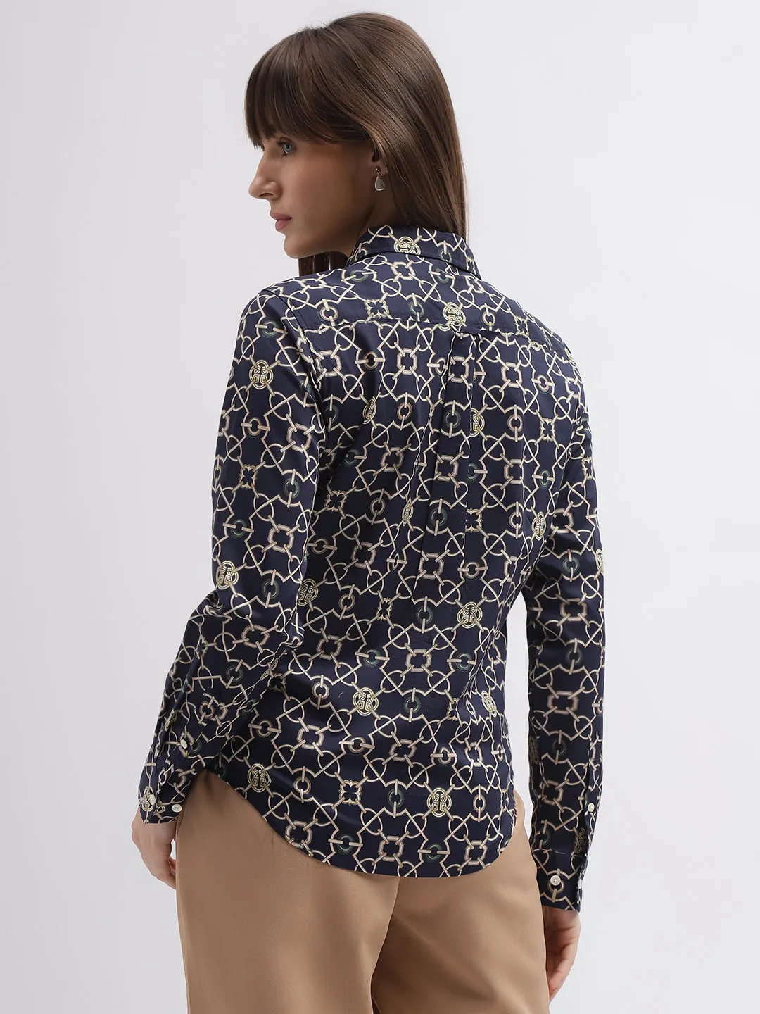 Gant Women Navy Blue Printed Spread Collar Full Sleeves Shirt