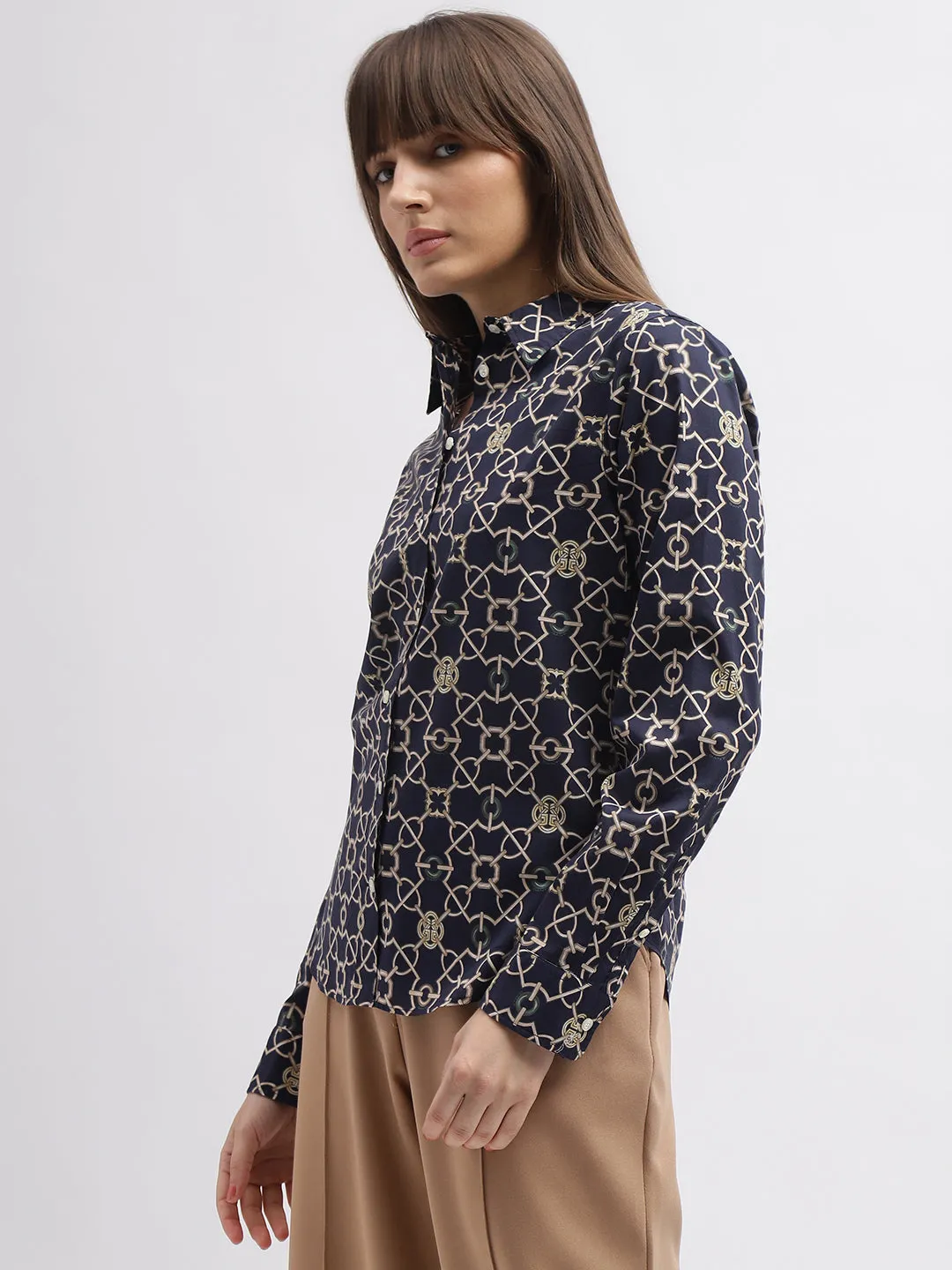 Gant Women Navy Blue Printed Spread Collar Full Sleeves Shirt