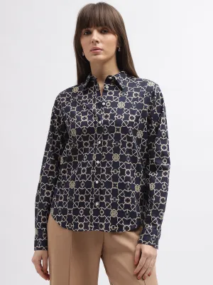 Gant Women Navy Blue Printed Spread Collar Full Sleeves Shirt