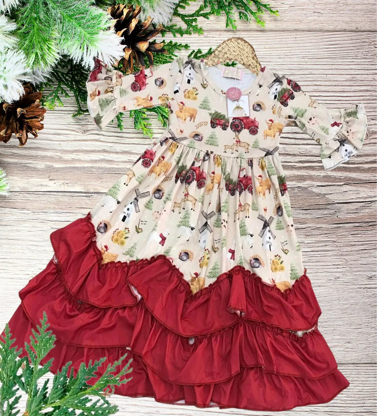 Girls Long Ruffle Holiday/Christmas  Dresses - Farm Animals