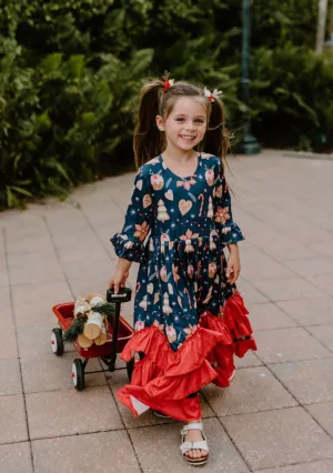 Girls Long Ruffle Holiday/Christmas  Dresses - Navy Gingerbread & Snacks