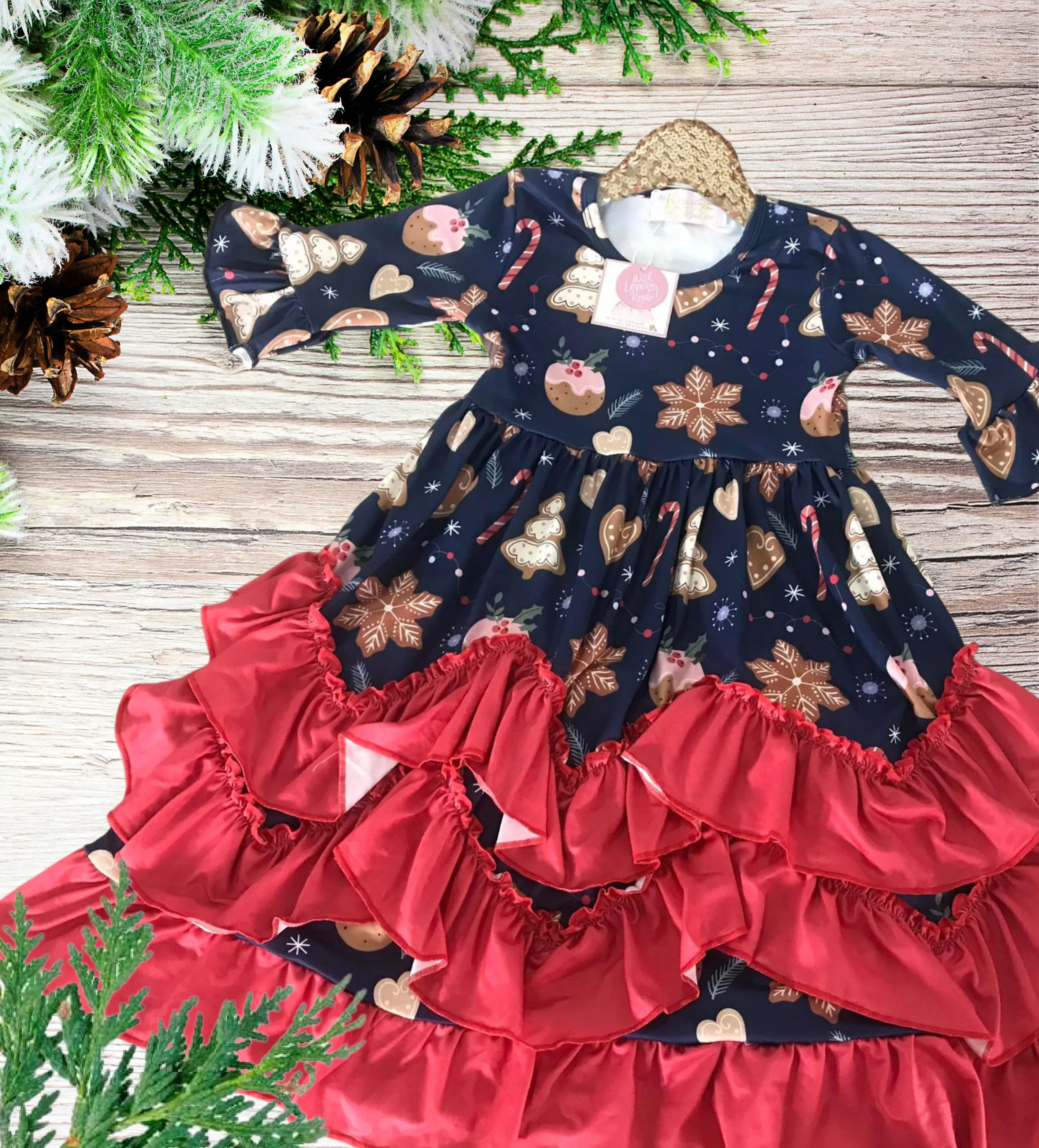 Girls Long Ruffle Holiday/Christmas  Dresses - Navy Gingerbread & Snacks