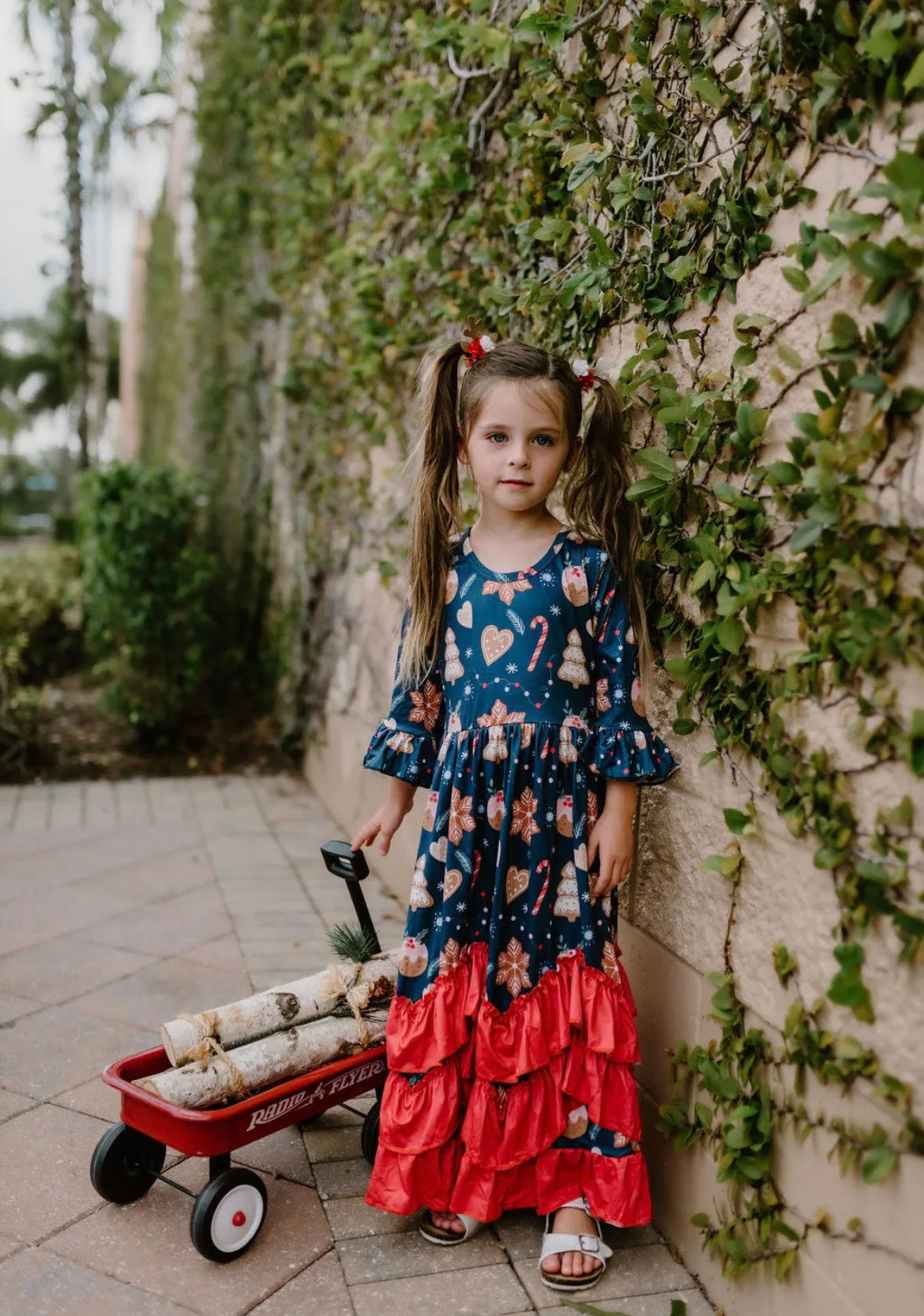 Girls Long Ruffle Holiday/Christmas  Dresses - Navy Gingerbread & Snacks