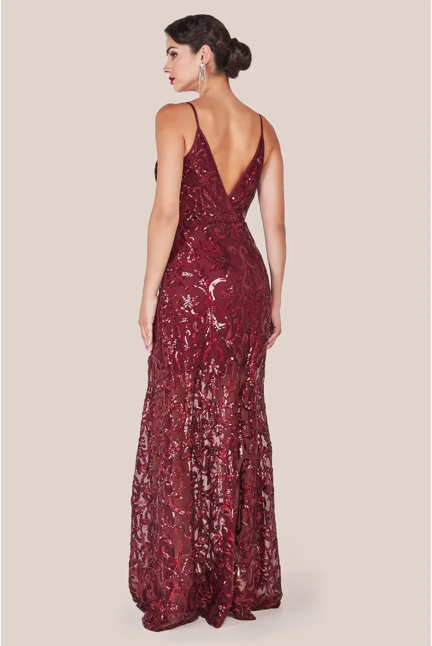 Goddiva Iridescent Sequin Maxi With Front Split - Burgundy