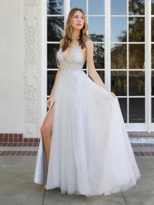 Gray v neck tulle long prom dress , gray tulle long evening dress