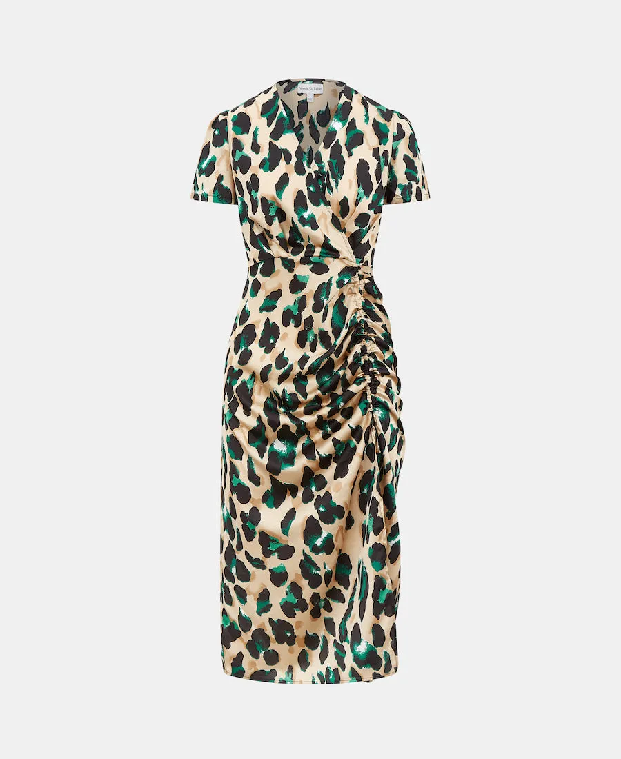 Green Animal Satin Wrap Midi Dress