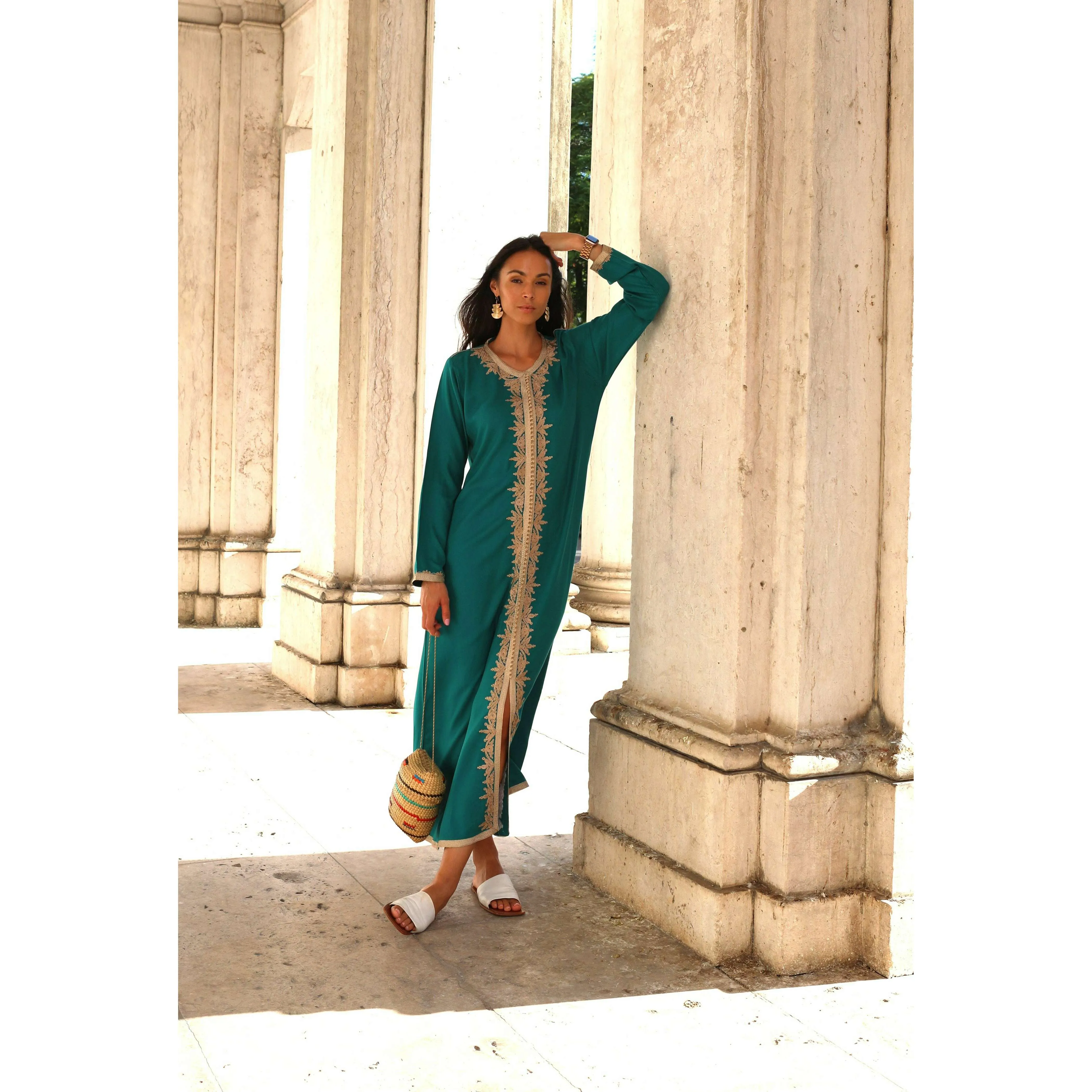 Green Beige Karima Kaftan Caftan-Moroccan Kaftan