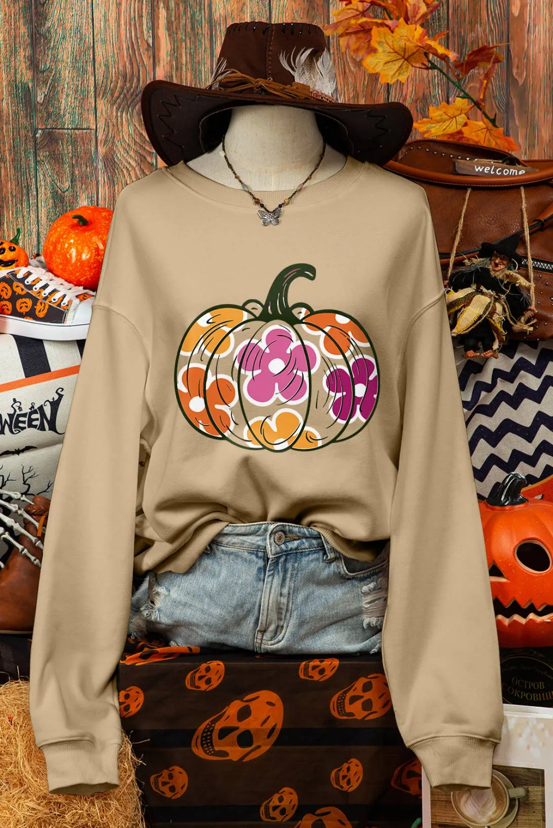 Halloween Floral Pumpkin Drop Shoulder Sweatshirt*S-2XL