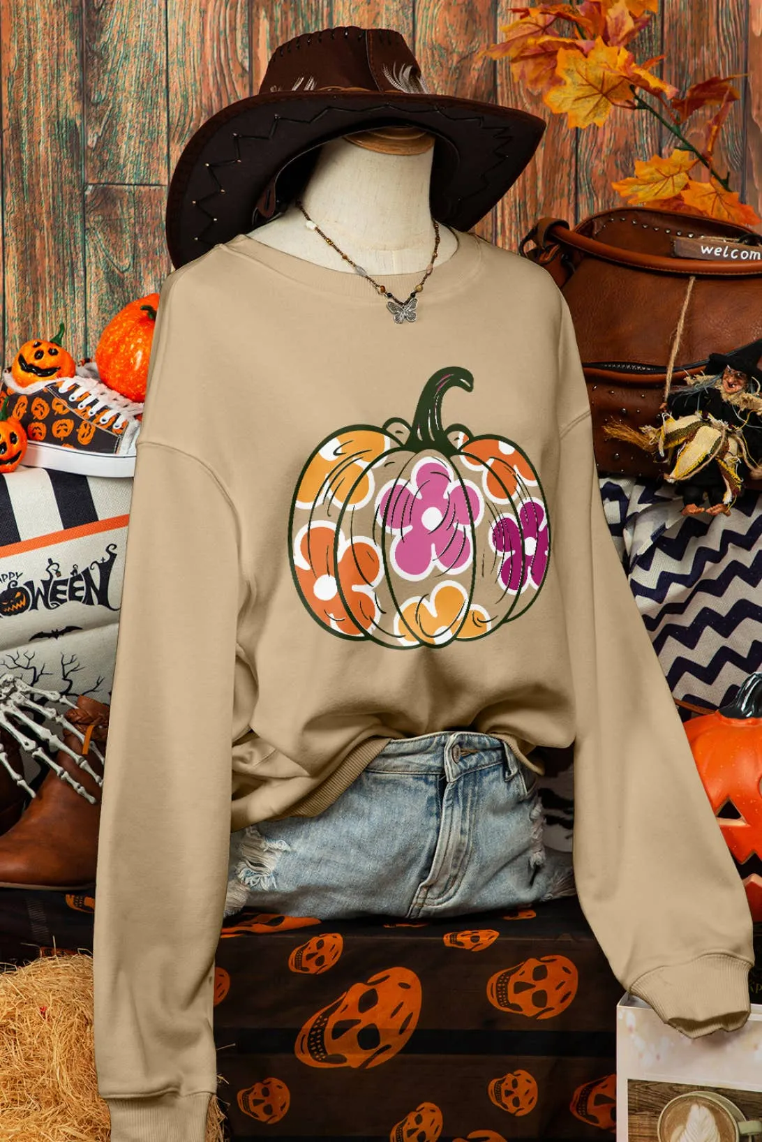 Halloween Floral Pumpkin Drop Shoulder Sweatshirt*S-2XL